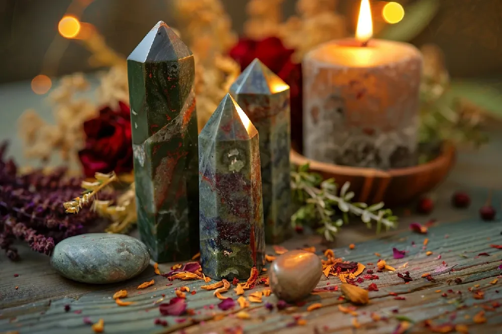 Dragon blood jasper crystal tower and worry stone arranged with dried herbs and candle for chakra meditation practice